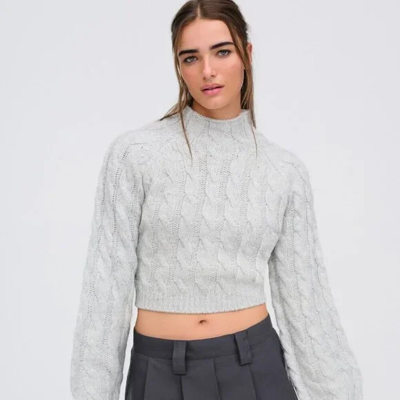 For Love and Lemons | BNWT Grey Lise Chunky Cropped Sweater w/ Ribbon Size Large - Picture 3 of 11